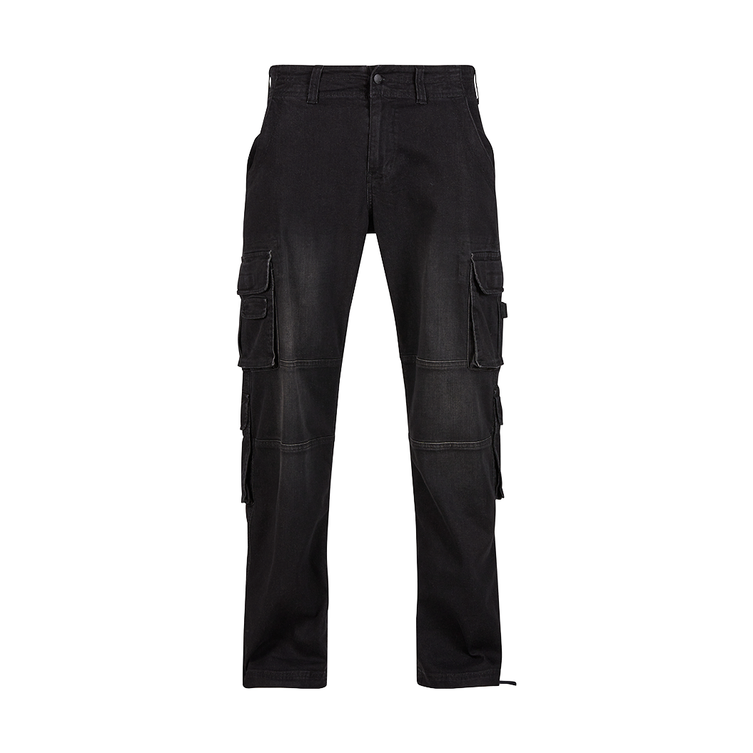 Pantalones cargo denim negros con múltiples bolsillos y cordón ajustable en los bajos