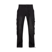 Pantalones cargo denim negros con múltiples bolsillos y cordón ajustable en los bajos