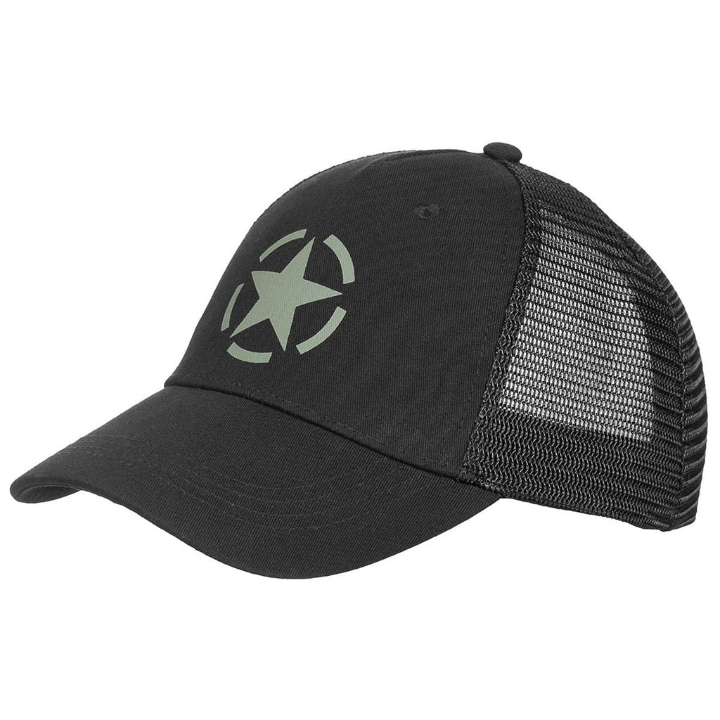 Gorra Trucker Estrella Negra con malla trasera y estampado de estrella en frontal