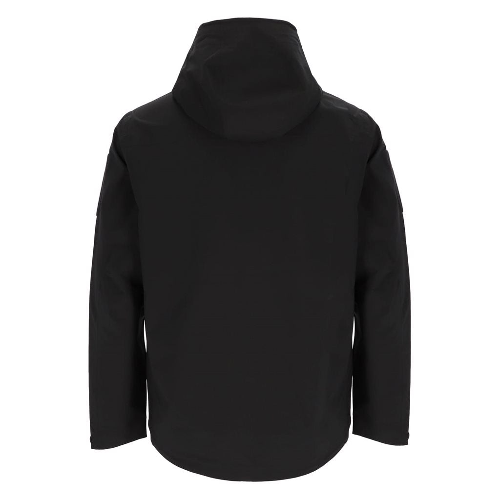Chaqueta impermeable APHA negra, vista frontal con capucha y cremallera