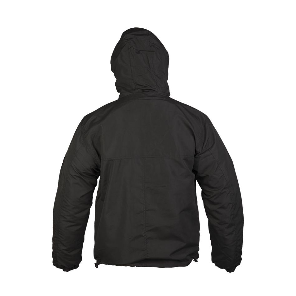 Anorak acolchado negro con capucha y forro de polar, cremallera parcial desde el cuello (imagen del producto)