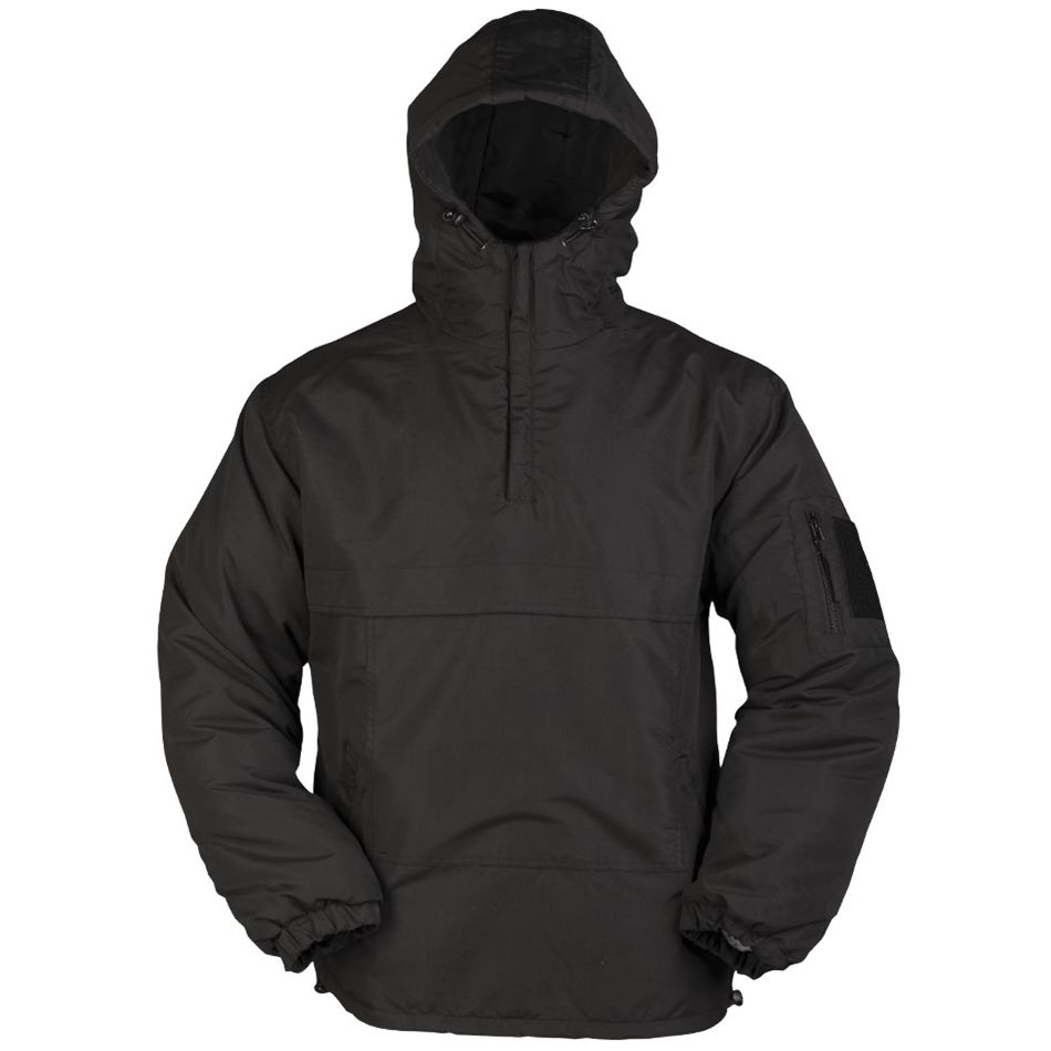 Anorak acolchado negro con capucha y forro de polar, cremallera parcial desde el cuello (imagen del producto)