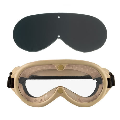 Gafas tácticas US M44 Kaki en caja con lentes claras y ahumadas, montura con espuma y correa ajustable