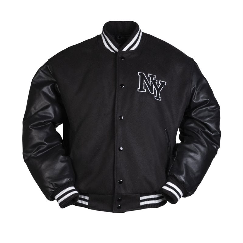Chaqueta bomber NY baseball negra bicolor con emblema bordado y bolsillos
