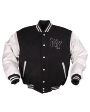 Chaqueta bomber NY negro/blanco con emblema NY bordado, vista frontal