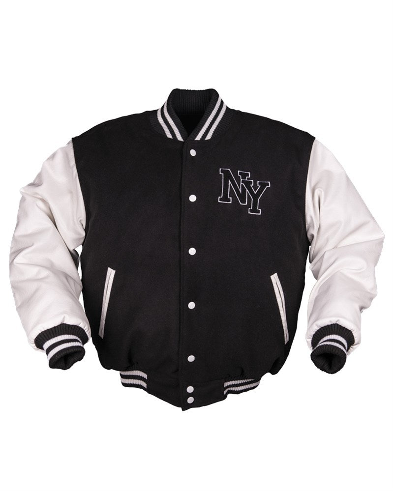 Chaqueta bomber NY negro/blanco con emblema NY bordado, vista frontal
