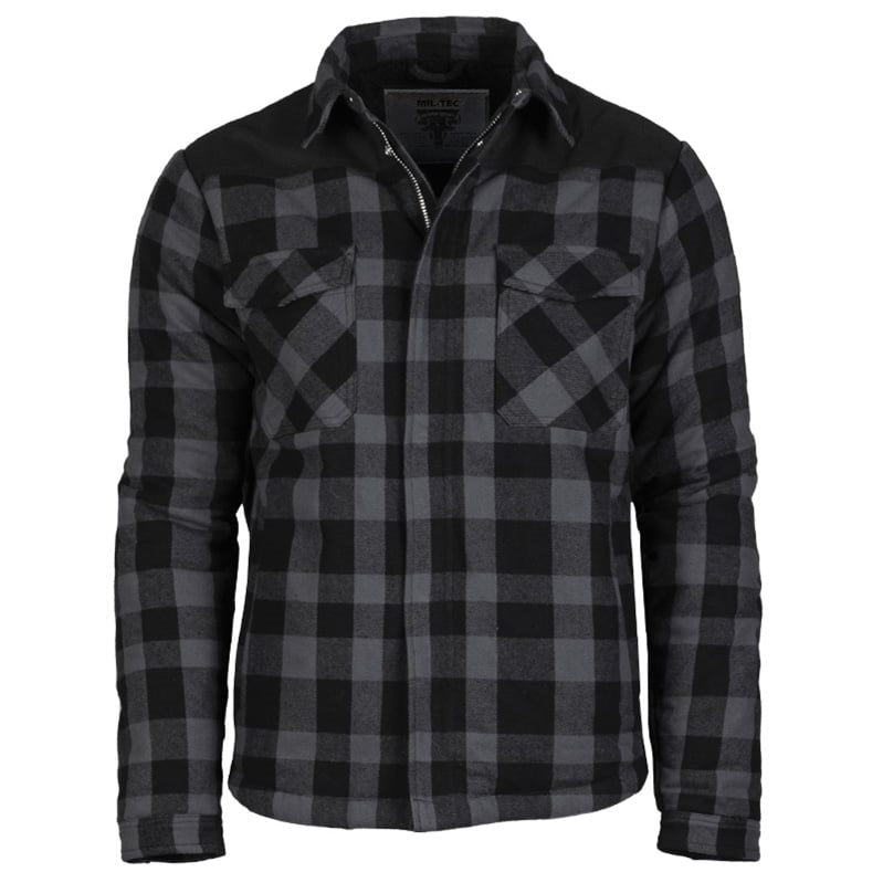 Camisa Lumber forrada con cremallera en negro y gris, hombreras reforzadas con Cordura y varios bolsillos
