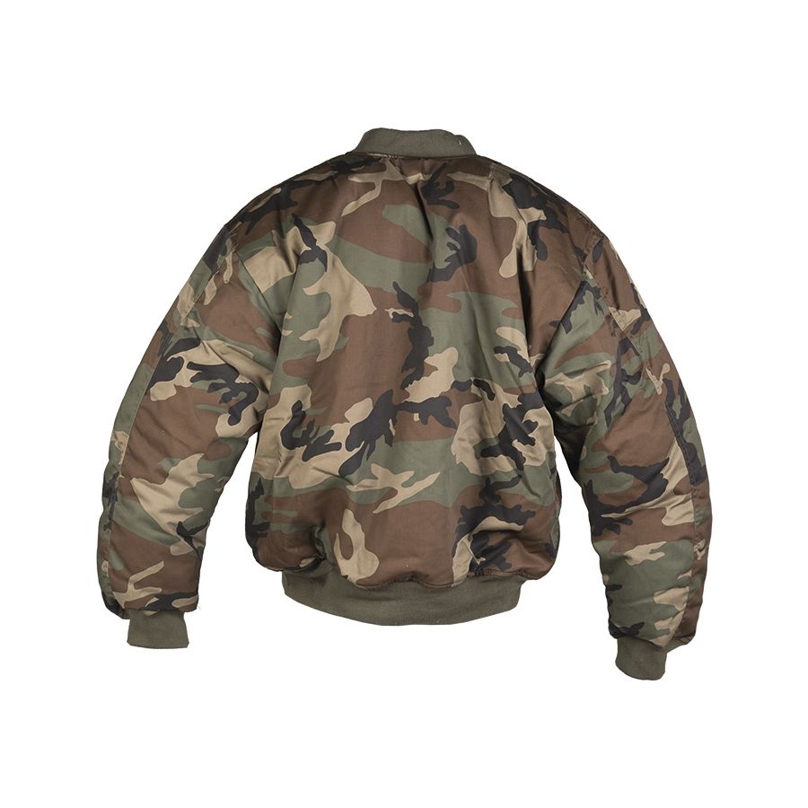 Chaqueta bomber MA-1 Woodland vista frontal con cremallera de latón y bolsillos exteriores