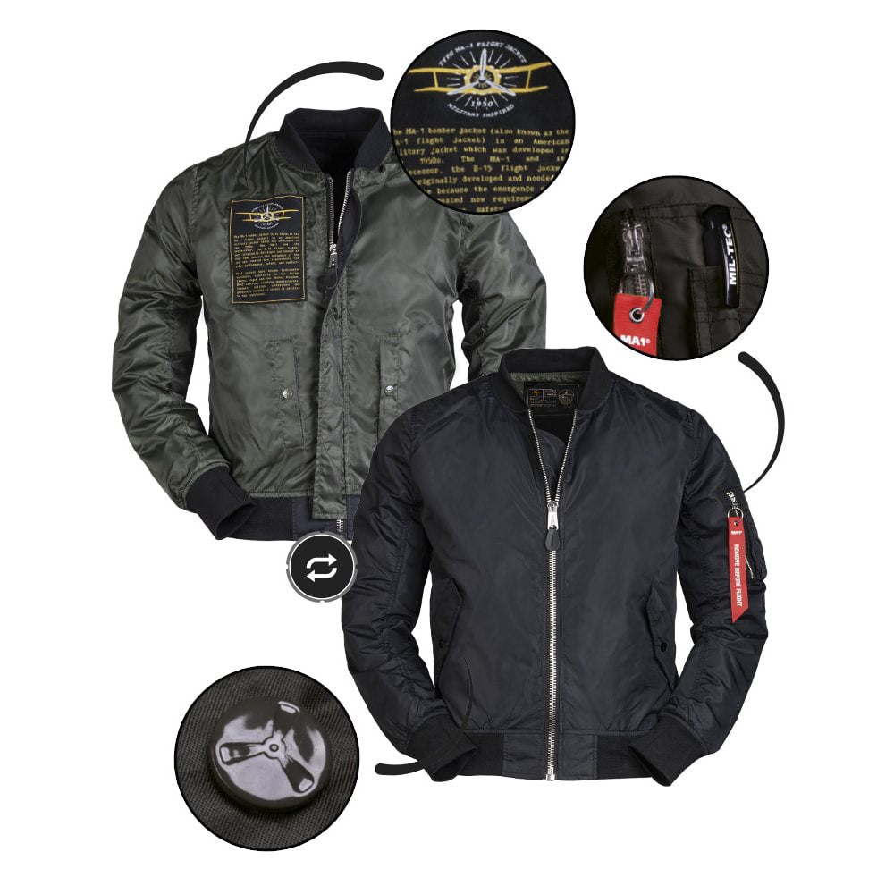 Bomber MA1 Summer negra, cazadora ligera con cremallera y 5 bolsillos