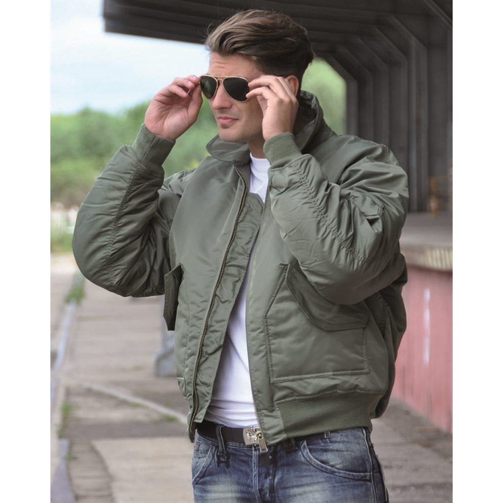Chaqueta bomber piloto CWU BASIC verde oliva con bolsillos y cremallera de latón