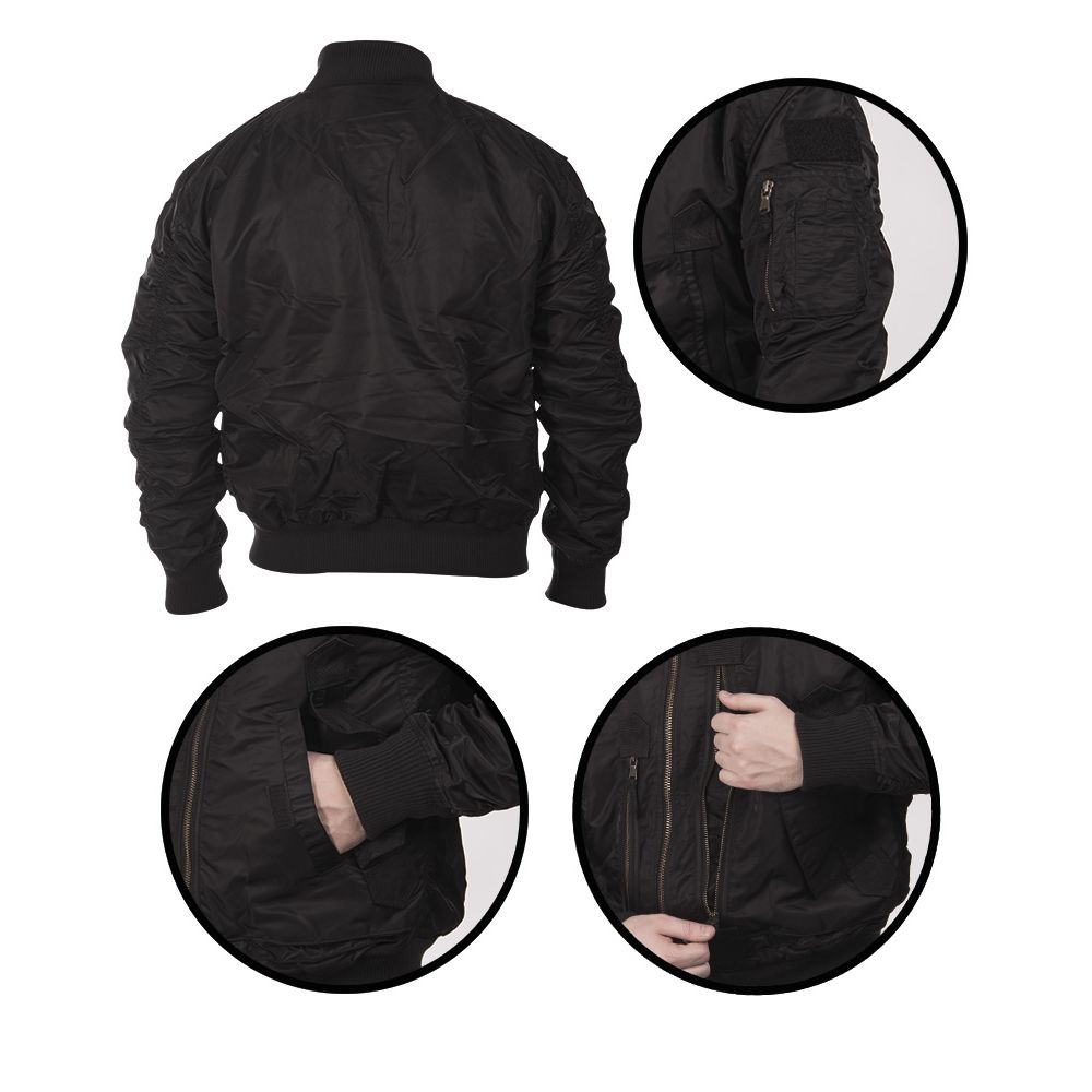 Chaqueta piloto US TACTICAL negra, vista frontal con cierre YKK y seis bolsillos