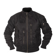 Chaqueta piloto US TACTICAL negra, vista frontal con cierre YKK y seis bolsillos