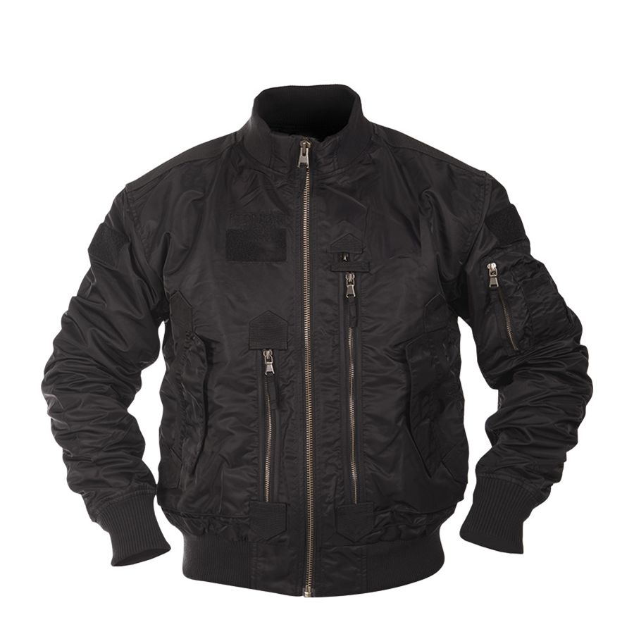 Chaqueta piloto US TACTICAL negra, vista frontal con cierre YKK y seis bolsillos