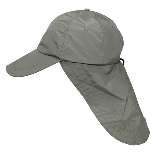 Gorra Sahara verde con protección de cuello y faldón protector, ajuste mediante cordón