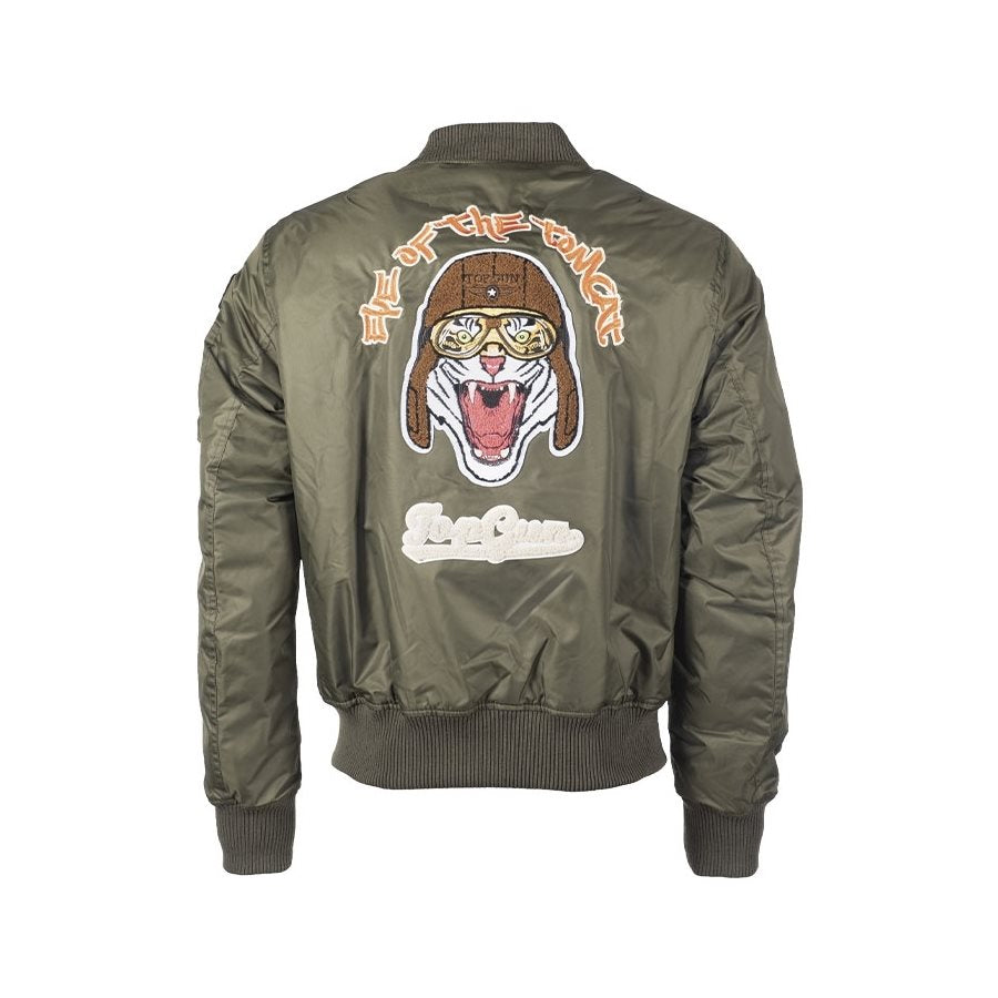 Chaqueta de aviación TOMCAT reversible verde y azul con parches y bolsillo en la manga