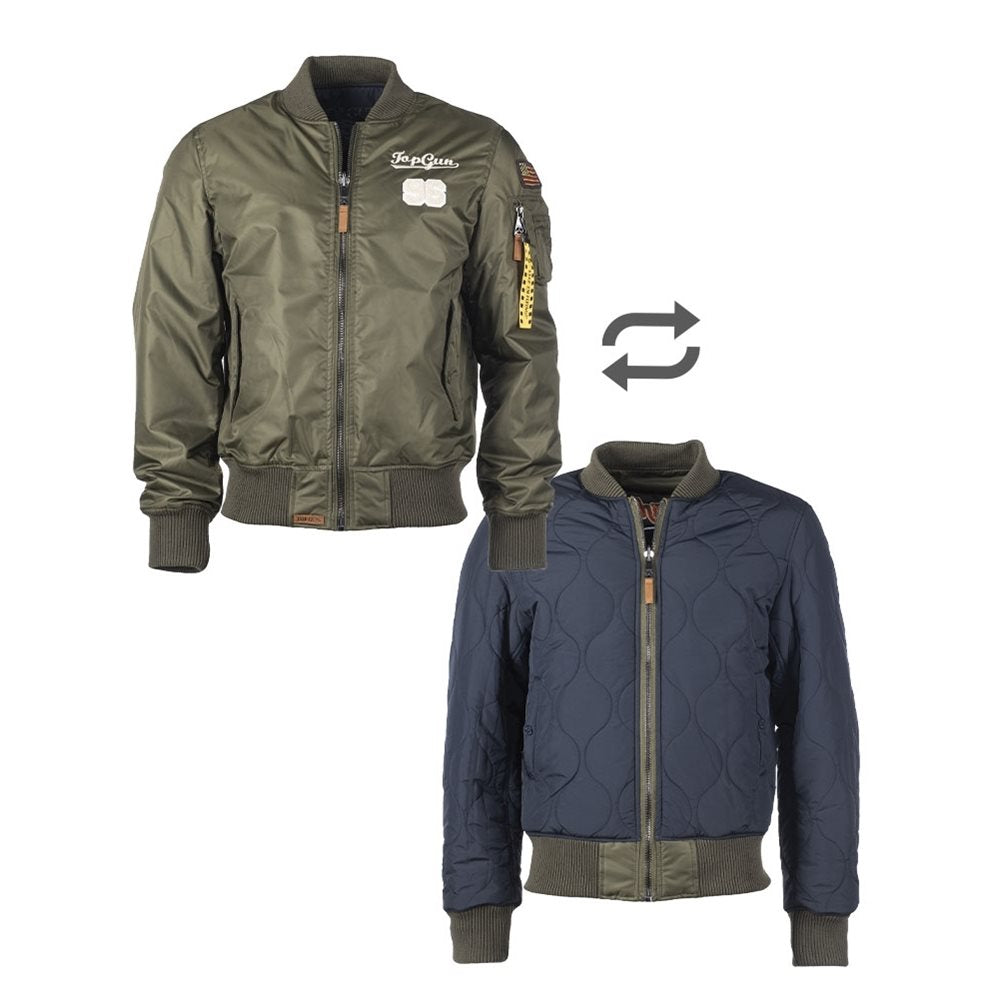 Chaqueta de aviación TOMCAT reversible verde y azul con parches y bolsillo en la manga
