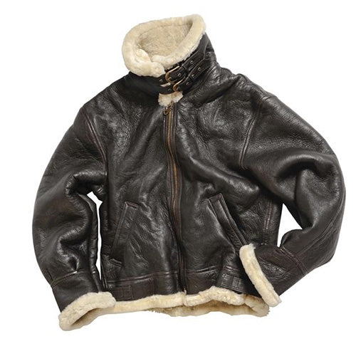 Chaqueta de cuero US B3 marrón con forro de borrego y cuello de piel