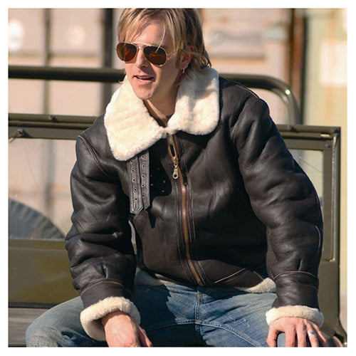 Chaqueta de cuero US B3 marrón con forro de borrego y cuello de piel