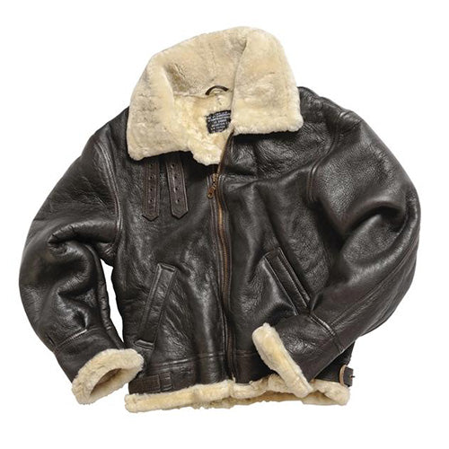Chaqueta de cuero US B3 marrón con forro de borrego y cuello de piel