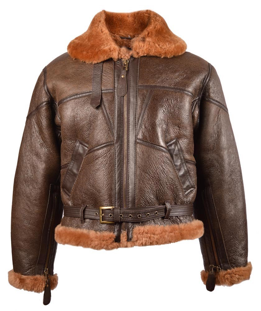 Chaqueta bomber de cuero RAF UK marrón con cuello y forro de pelo (10451009)