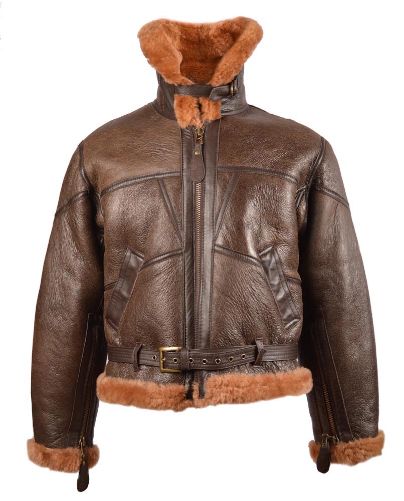 Chaqueta bomber de cuero RAF UK marrón con cuello y forro de pelo (10451009)