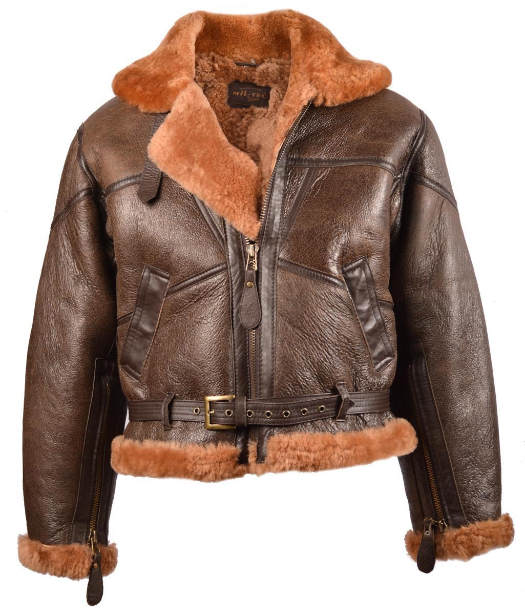 Chaqueta bomber de cuero RAF UK marrón con cuello y forro de pelo (10451009)