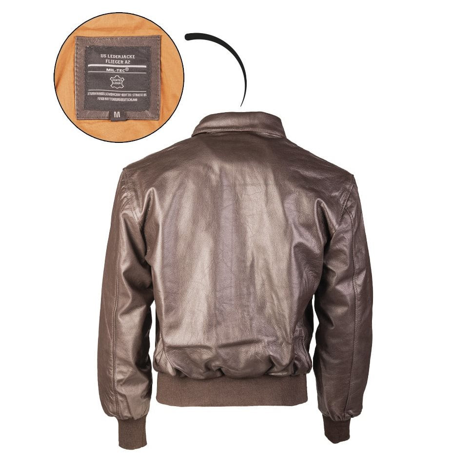 Chaqueta de cuero US A2 marrón con cuello alto plegable y bolsillos con solapa