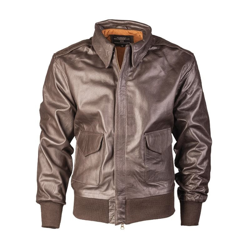 Chaqueta de cuero US A2 marrón con cuello alto plegable y bolsillos con solapa