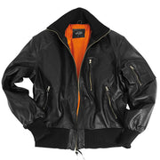 Chaqueta de cuero BW Aviator negra con cuello de punto y múltiples bolsillos con cremallera