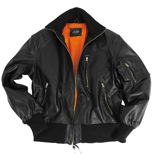 Chaqueta de cuero BW Aviator negra con cuello de punto y múltiples bolsillos con cremallera