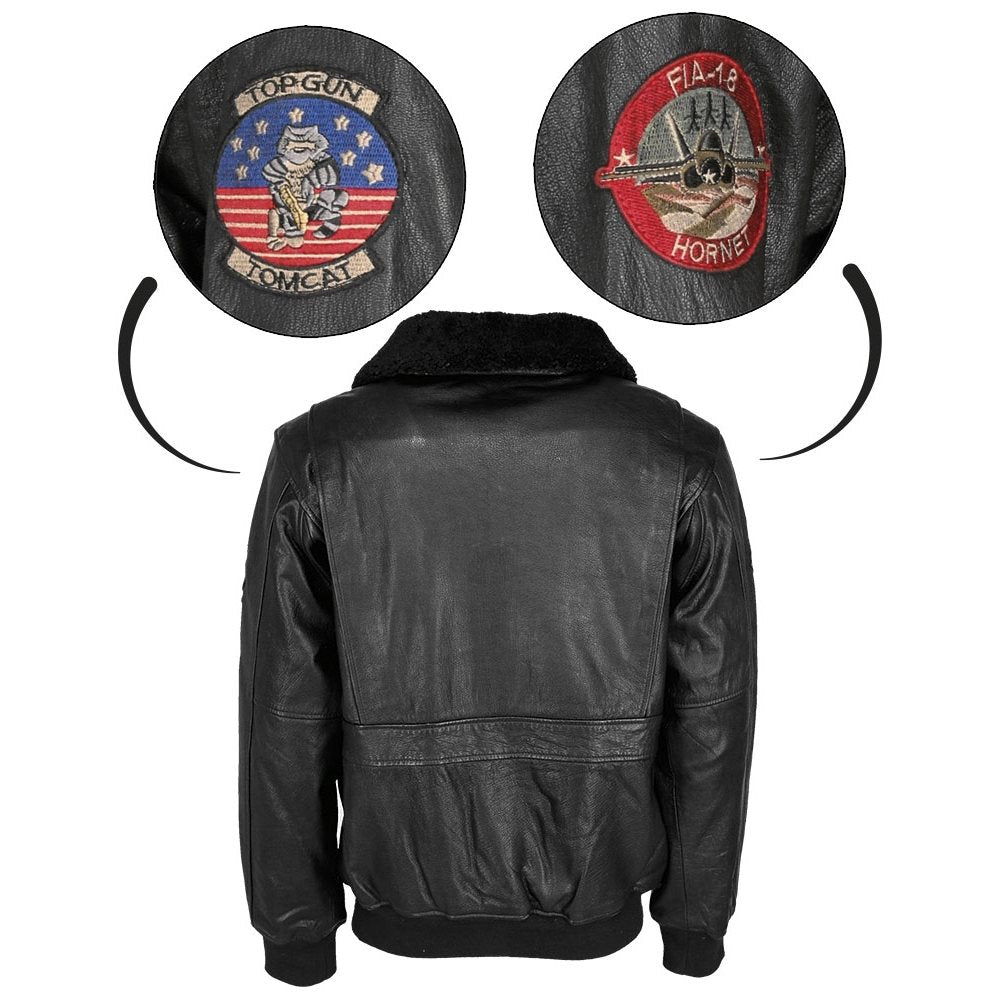 Chaqueta piloto de cuero TOP GUN negra MIL-TEC, piel de cordero y cuatro bolsillos