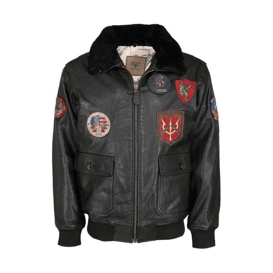 Chaqueta piloto de cuero TOP GUN negra MIL-TEC, piel de cordero y cuatro bolsillos