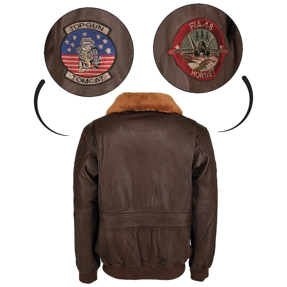 Chaqueta piloto de cuero TOP GUN marrón de piel de cordero con forro y cuatro bolsillos