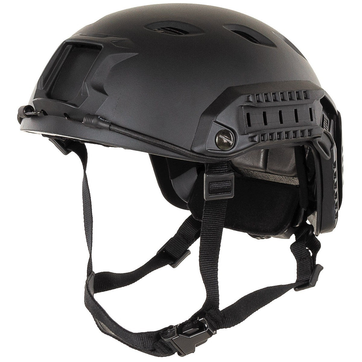 Casco FAST paracaidista completo negro con riel lateral y correa submentonera