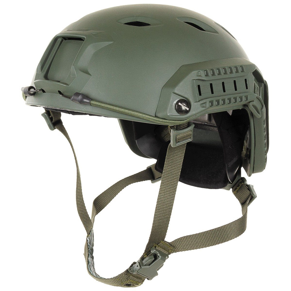 Casco FAST paracaidista completo negro con riel lateral y correa submentonera
