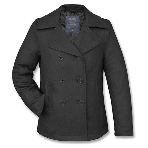 Abrigo US Pea Coat negro de lana con botones con ancla y dos bolsillos laterales