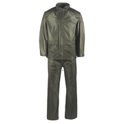 Completo impermeable de PVC verde con chaqueta, pantalón y bolsa, capucha oculta