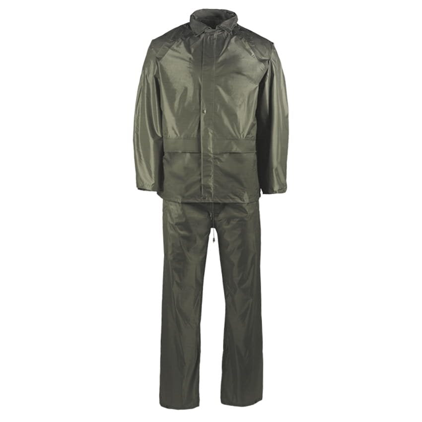 Completo impermeable de PVC verde con chaqueta, pantalón y bolsa, capucha oculta