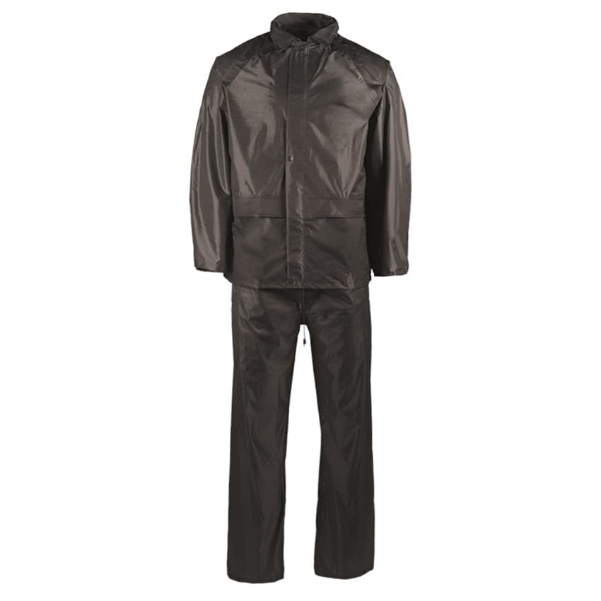 Conjunto impermeable de PVC negro: chaqueta con capucha oculta y pantalón en bolsa