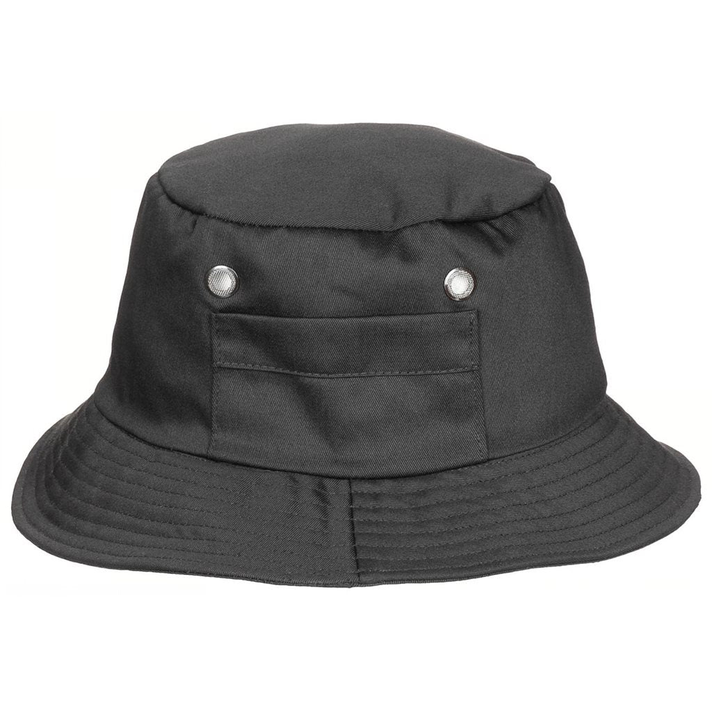 Sombrero de pescador negro con bolsillo lateral y cierre de velcro (65% poliéster, 35% algodón)