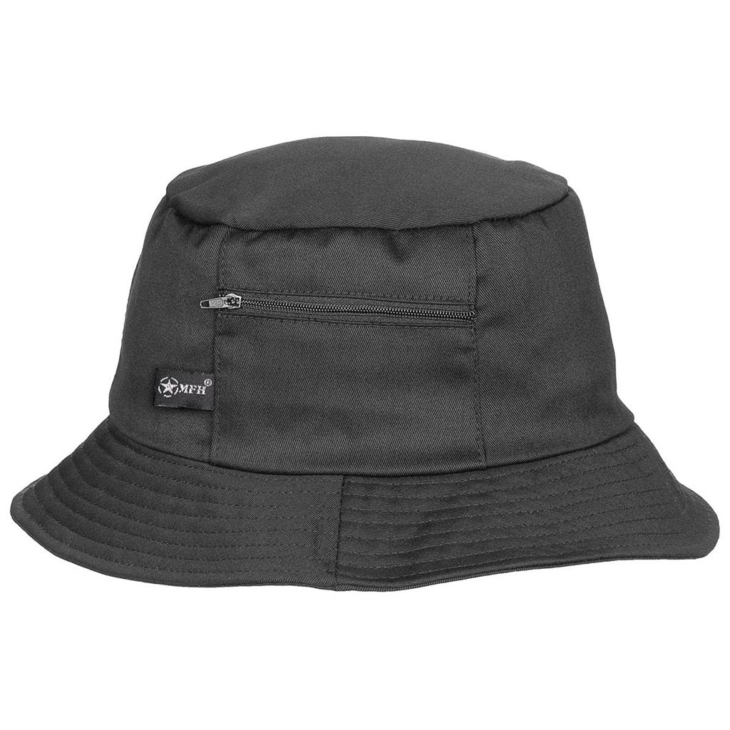 Sombrero de pescador negro con bolsillo lateral y cierre de velcro (65% poliéster, 35% algodón)