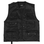 Chaleco JAGD negro multiusos con 14 bolsillos, cierre con tapeta y botones a presión, gran bolsillo trasero; 65% poliéster, 35% algodón