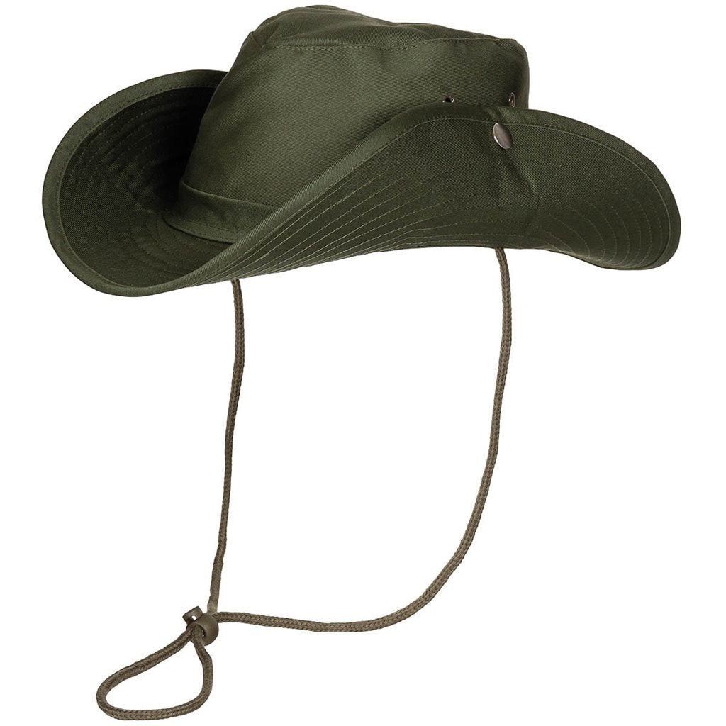 Sombrero Bush Verde con broches laterales para fijar la ala, 65% poliéster y 35% algodón