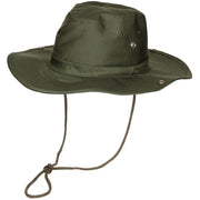 Sombrero Bush Verde con broches laterales para fijar la ala, 65% poliéster y 35% algodón