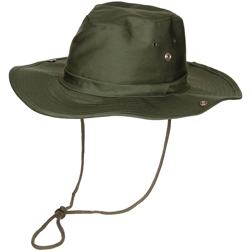 Sombrero Bush Verde con broches laterales para fijar la ala, 65% poliéster y 35% algodón