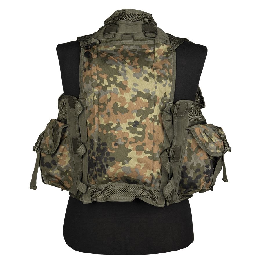 Chaleco táctico verde con 9 bolsillos, malla frontal y bolsillo trasero para camelback