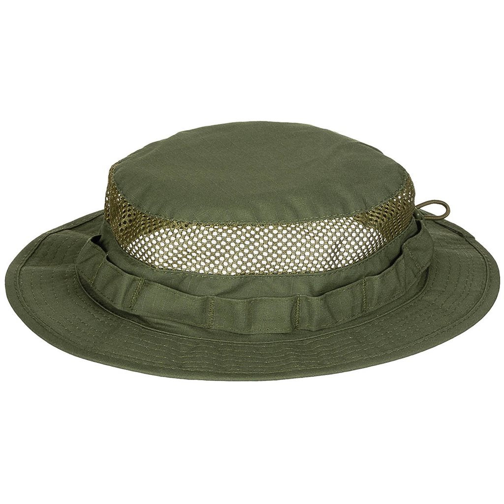 Sombrero Boonie Mesh verde con ventilación perimetral y cordón ajustable