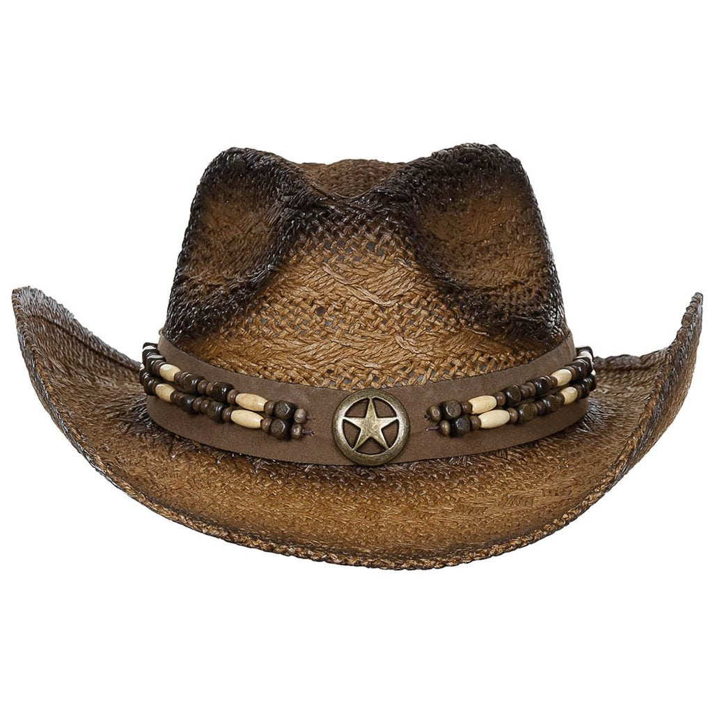 Sombrero estilo vaquero TENNESSEE con cinta elástica, cuentas de madera y estrella de sheriff metálica