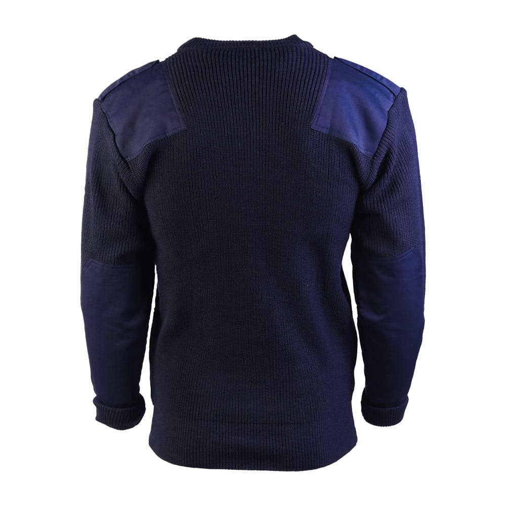 Suéter BW acrílico azul con bolsillo frontal, hombros y codos reforzados