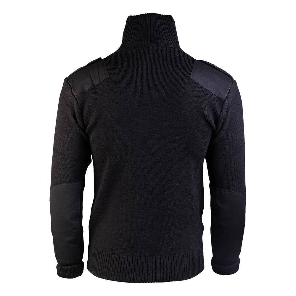 Suéter negro de lana con cremallera, cuello alto y bolsillos laterales y de pecho